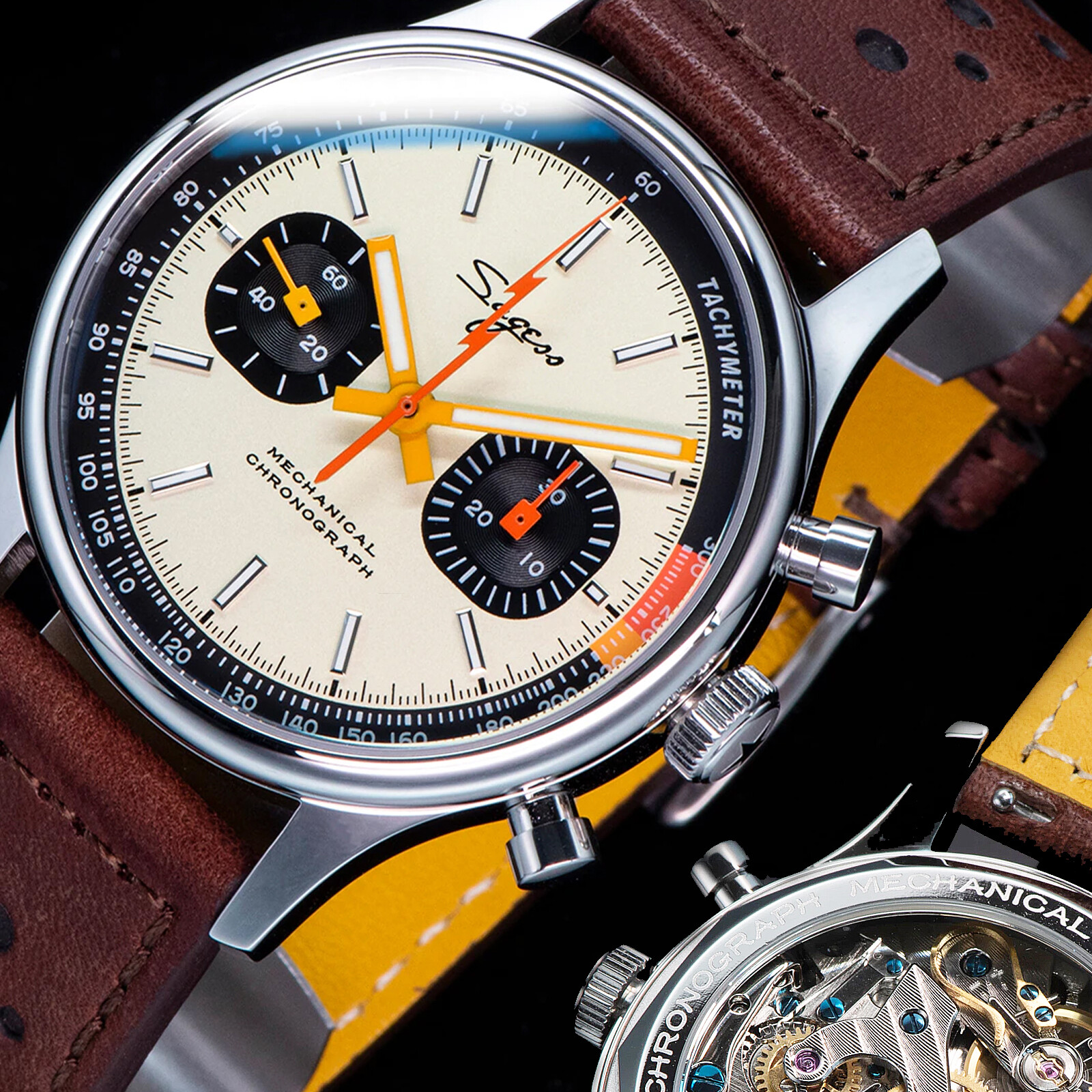Sugess SWAN NECK x Exhibition case back Chrono Mens Watch SEAGULL 1963 SUCHP005Z