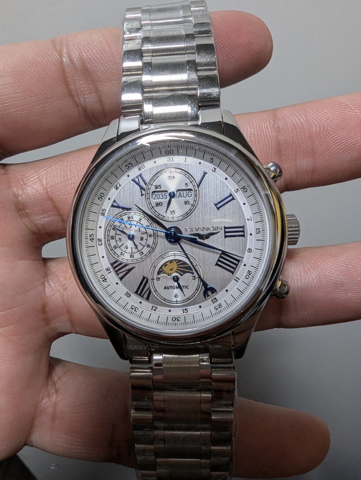 GUANQIN Men’s Automatic Dress Watch Moon Phase Day/Date Silver/Blue Dial