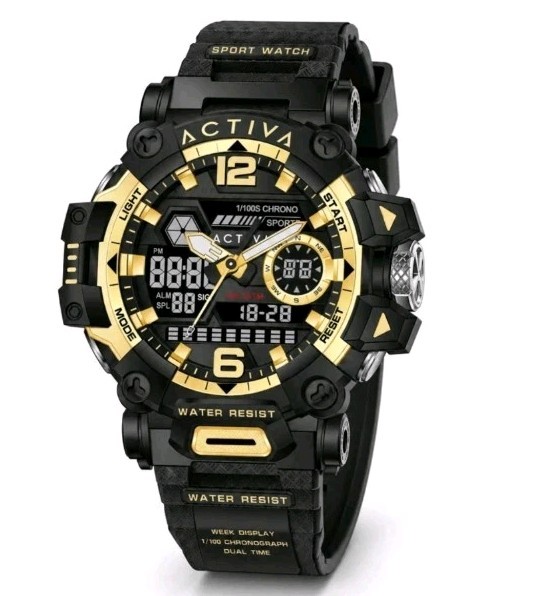 Activa Digital Analog Sports Watch Black Gold LED Chronograph New in Box