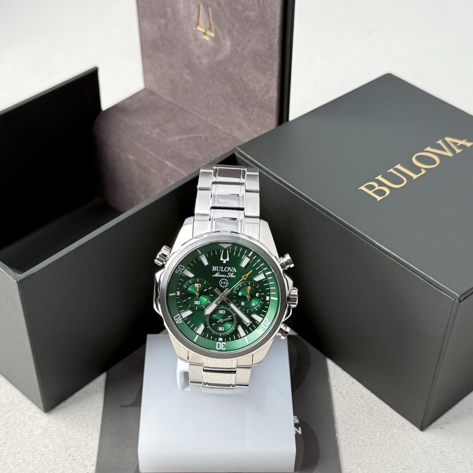 Bulova Men’s Marine Star Chronograph Green Dial Stainless Quartz Watch 96B396