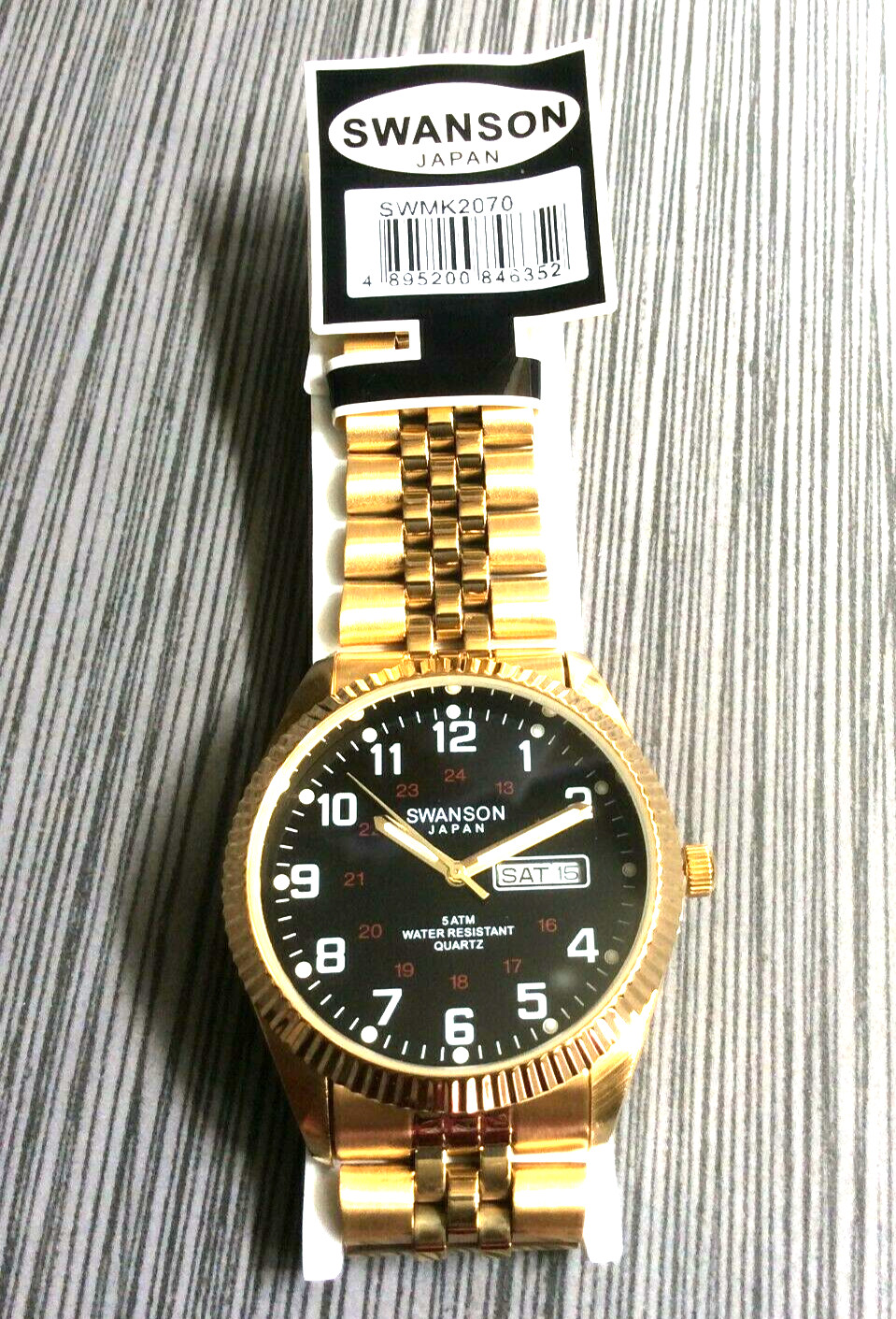 Swanson Men Watch Round Day & Date Black Dial 12/24 Hour Display Gold Link Band!