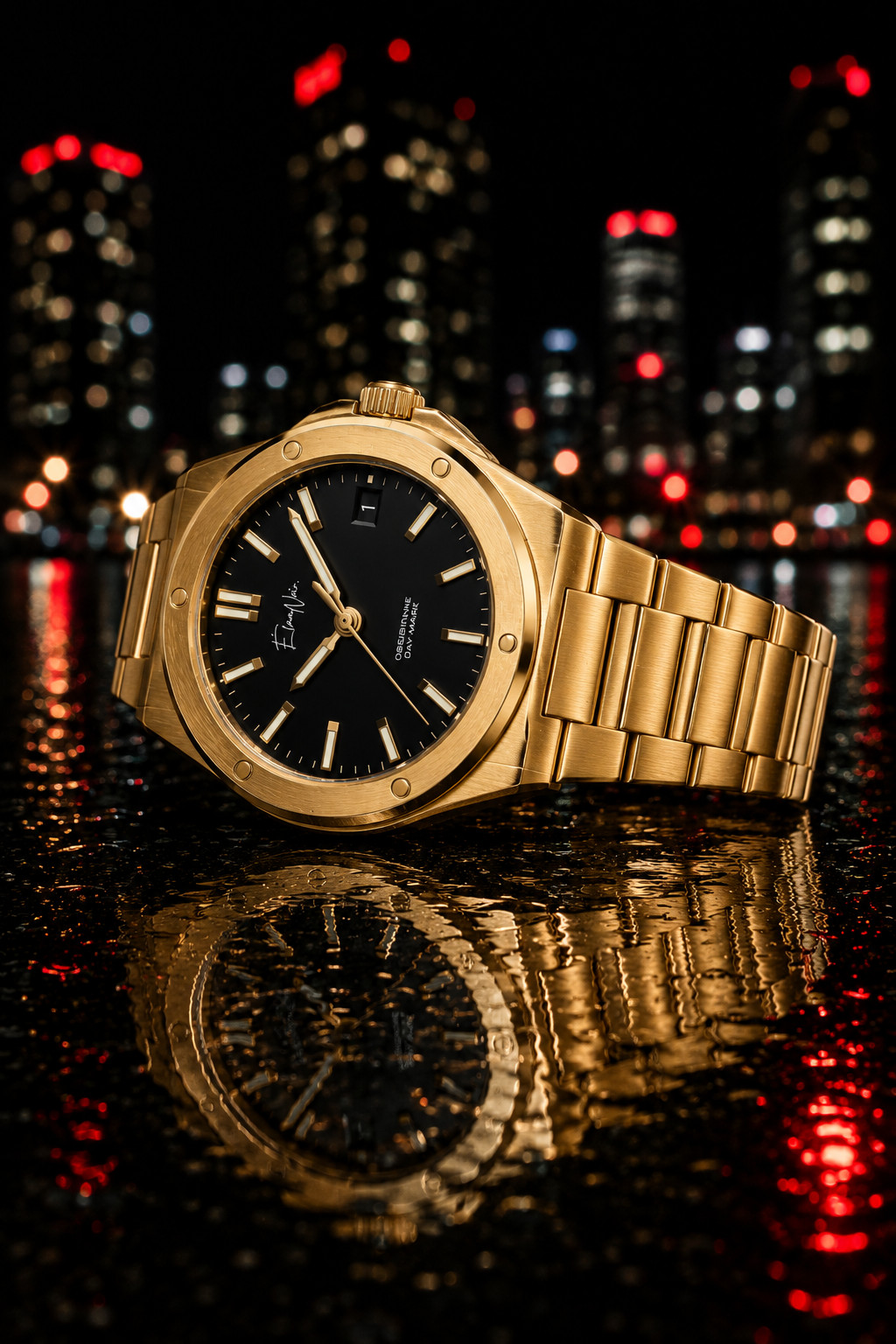 Élan Noir Day-Mark Automatic Mens Watch Gold Black Dial Sapphire Steel 41mm