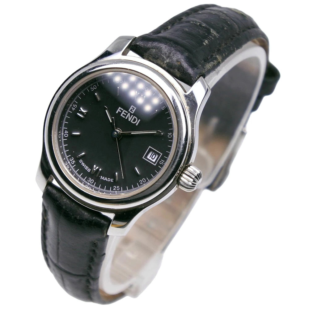 FENDI Orologi Watch 210L Stainless Steel Leather Quartz Analog Black Dial Ololog