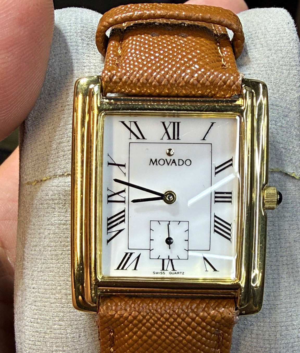 Movado Tank Swiss Quartz Rectangle Gold Tone White Roman Dial Brown Leather