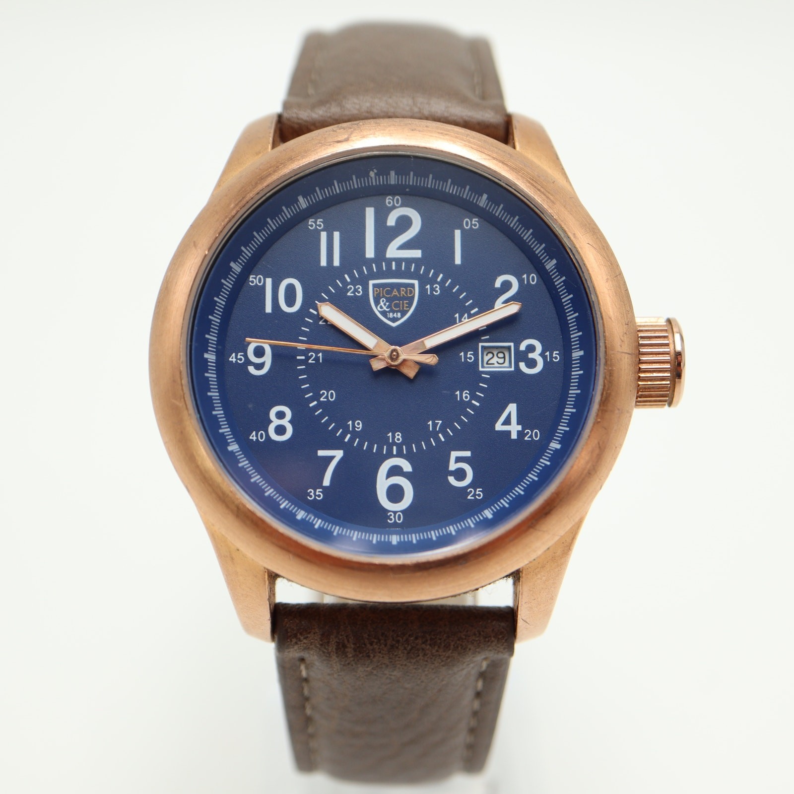 Picard & Cie Mens Blue Date 44mm Watch Rose Gold Tone Faux Leather w New Battery
