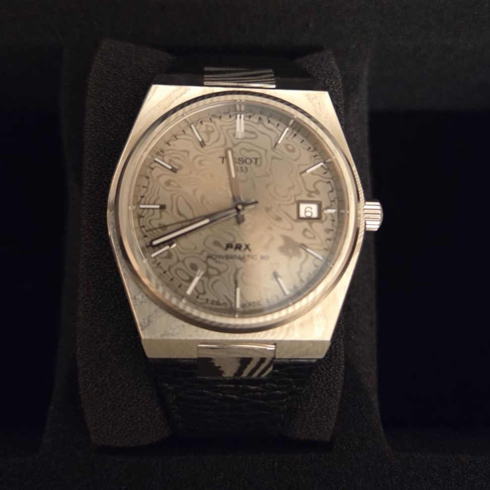 Tissot PRX 80 Powermatic Damascus Steel Dial Date 40mm 100m Black Leather Strap