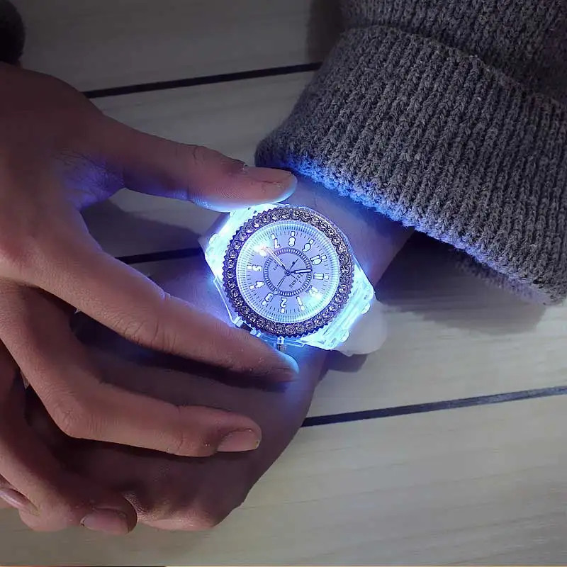 Kids Adult LED Light Flash Luminous Fashion Rhinestone Silicone Wrist Watch
