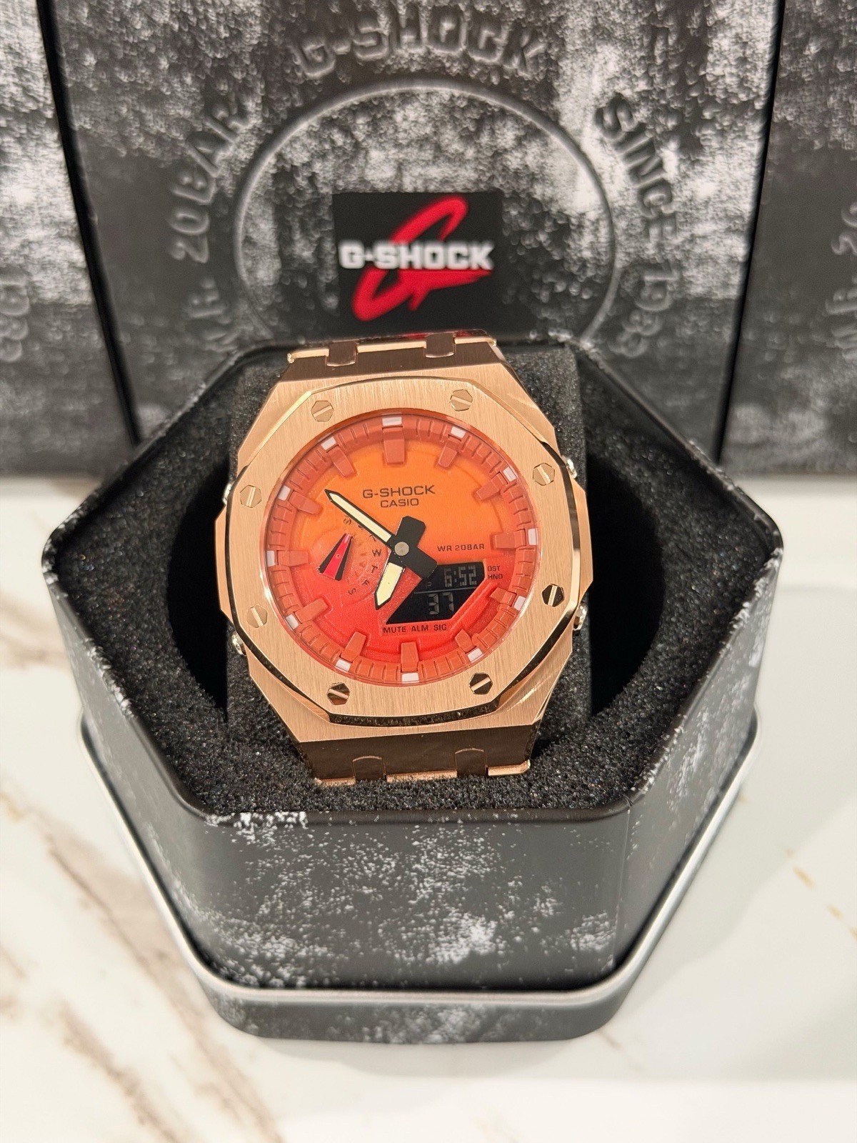 Casio GA-2100 G-Shock Watch – Sandblasted Metal Case Mod – Orange Dial