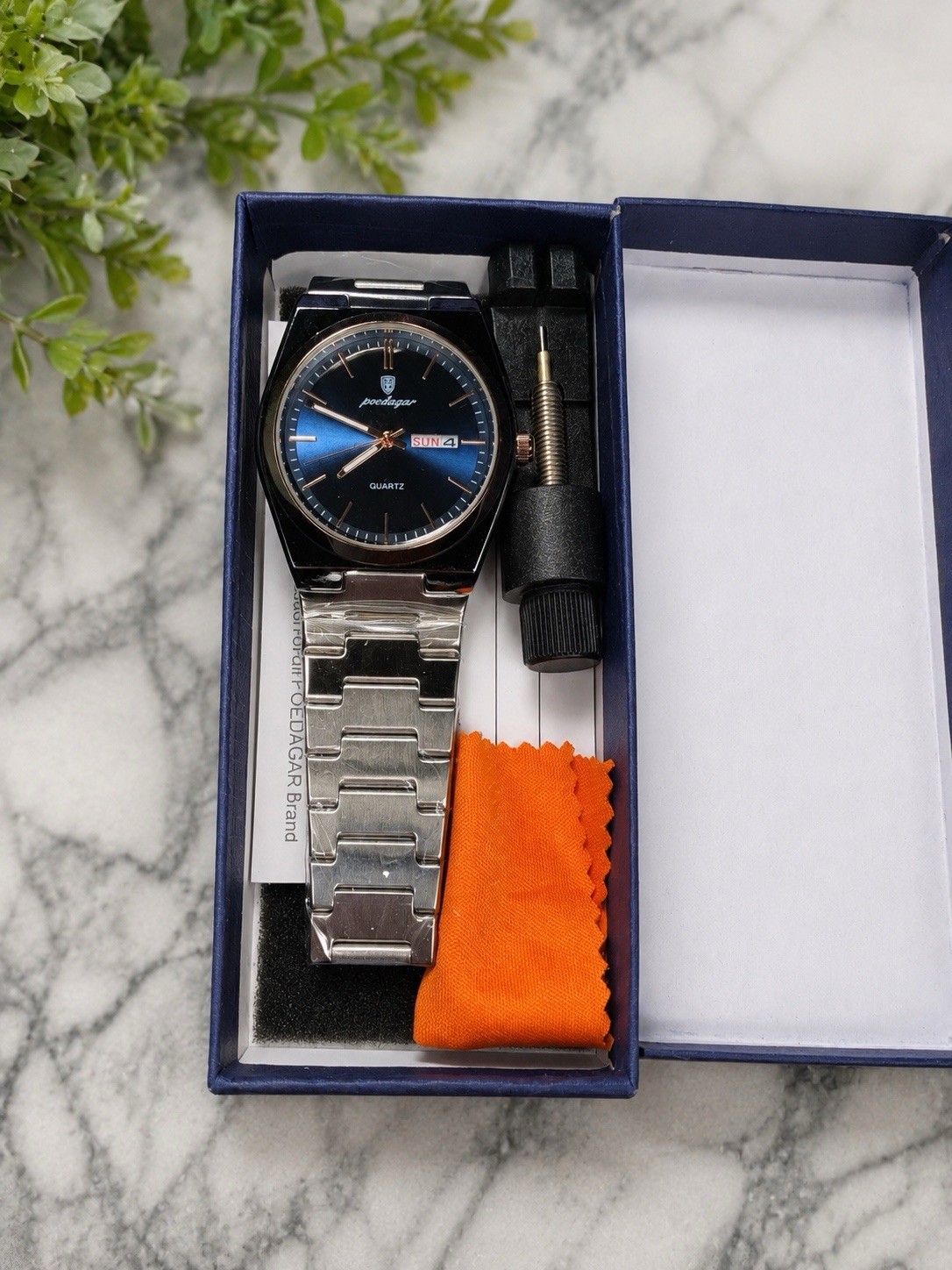 Poedagar Men’s Quartz Analog Day/Date Blue Dial Rose Gold Bracelet Watch w/ Box
