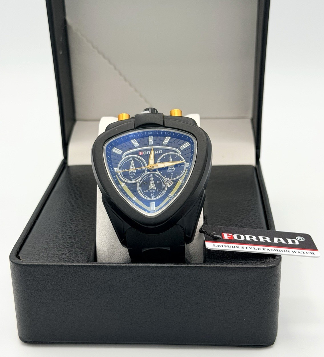 FORRAD Men’s Triangle Shield Watch 48mm Blue Dial Black Silicone Strap New