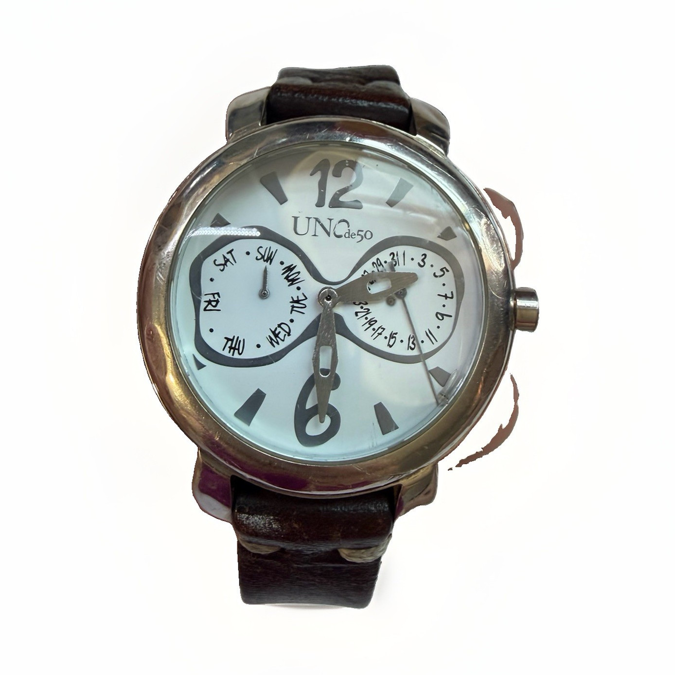 Sterling silver-plated leather and metal watch for men.