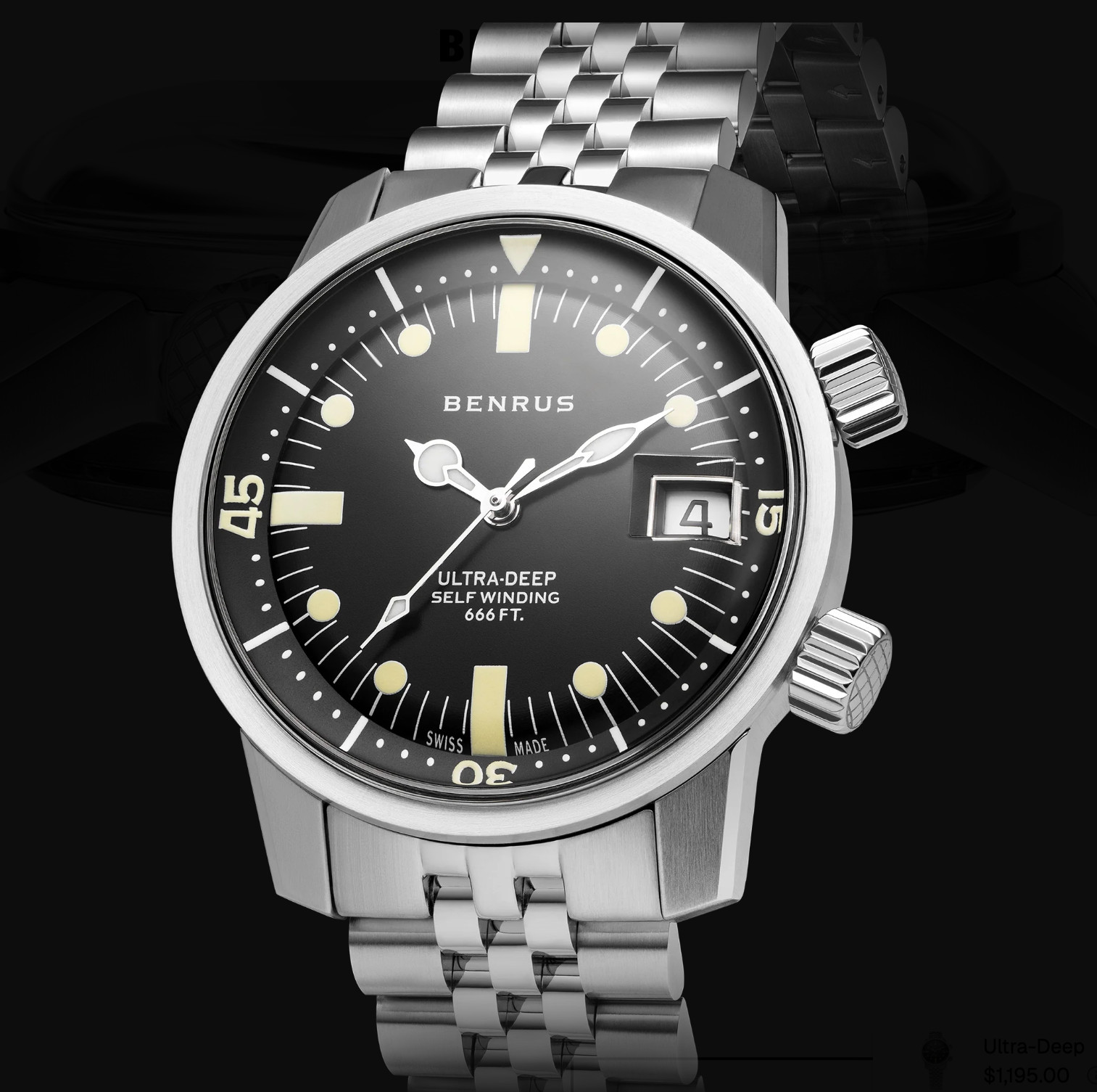 New BENRUS Ultra-Deep Automatic Dive Watch 36.5mm Black Dial Swiss Made 200M