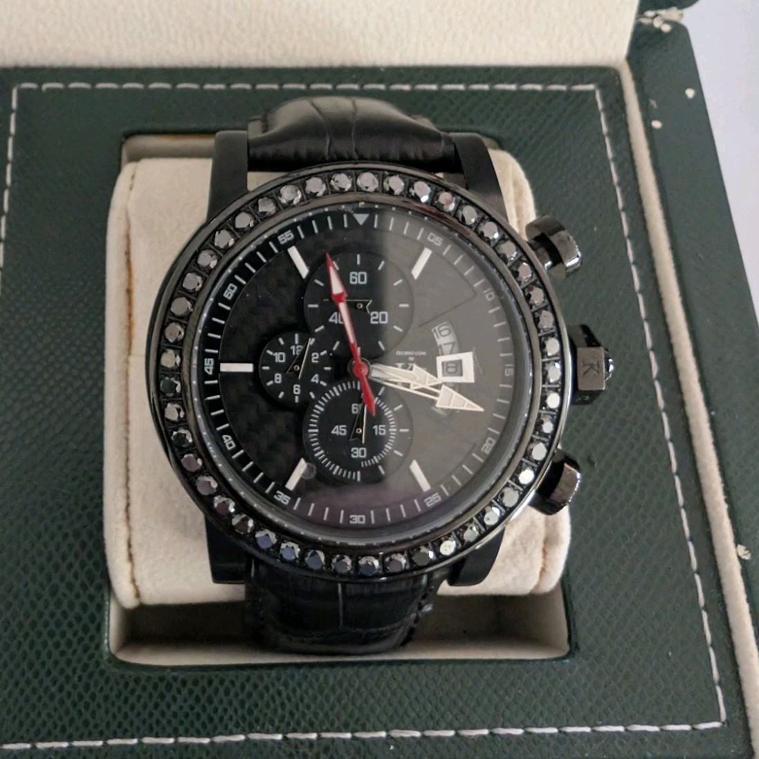 Black Chronograph Wristwatch Gem-Set Bezel Leather Strap Analog Sport in Box