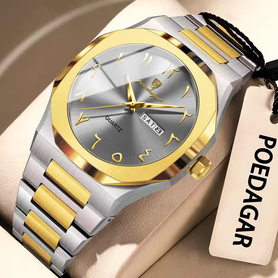 Men’s Quartz Watch Stainless Steel Waterproof Date Week Gift Box