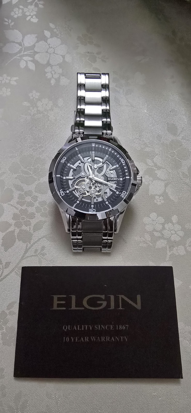 Elgin Skeleton Wristwatch Stainless Steel Bracelet Black Silver Dial