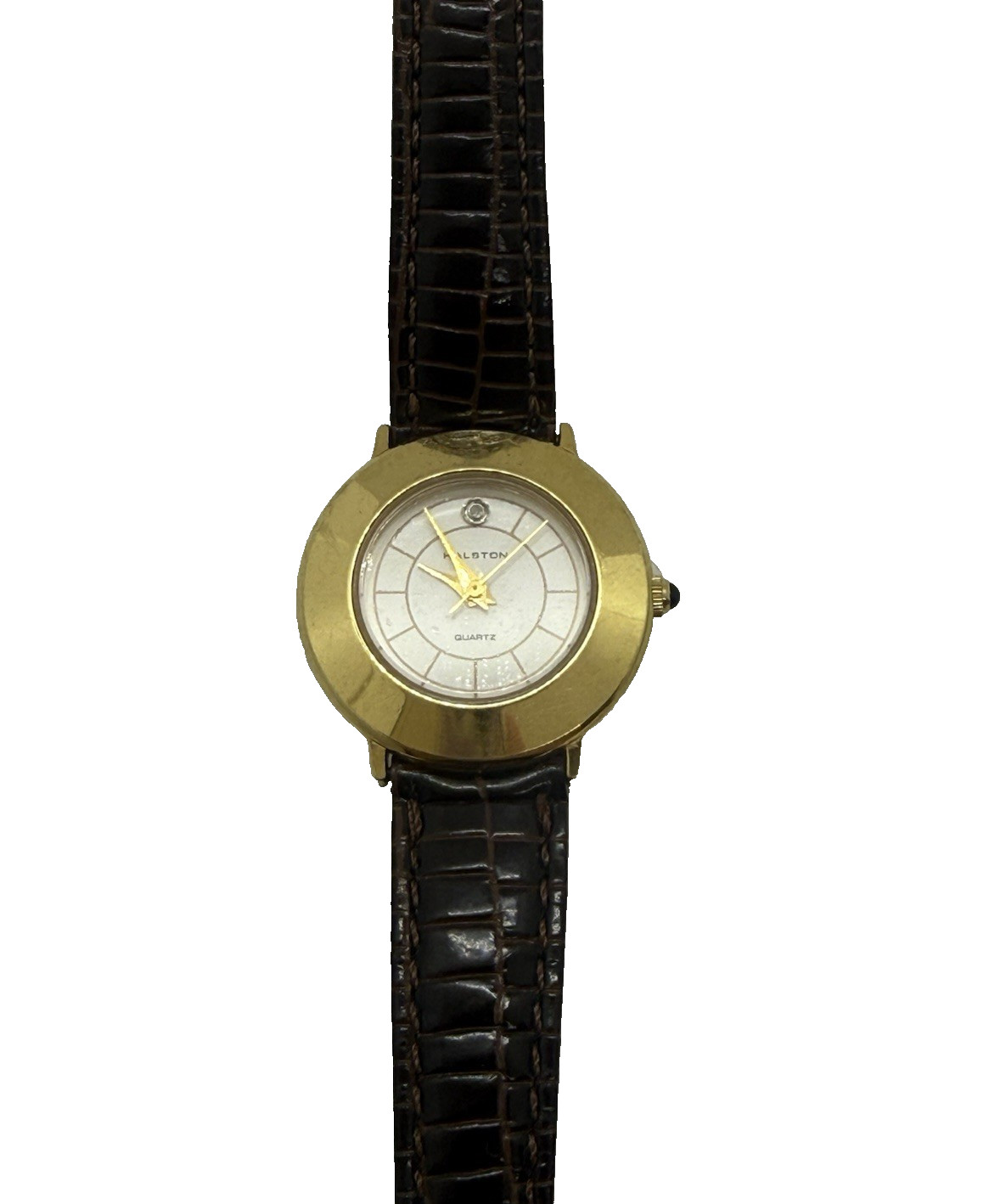 Halston Quartz 2916L32 Women Round Watch Gold Tone White Face Brown Leather Band