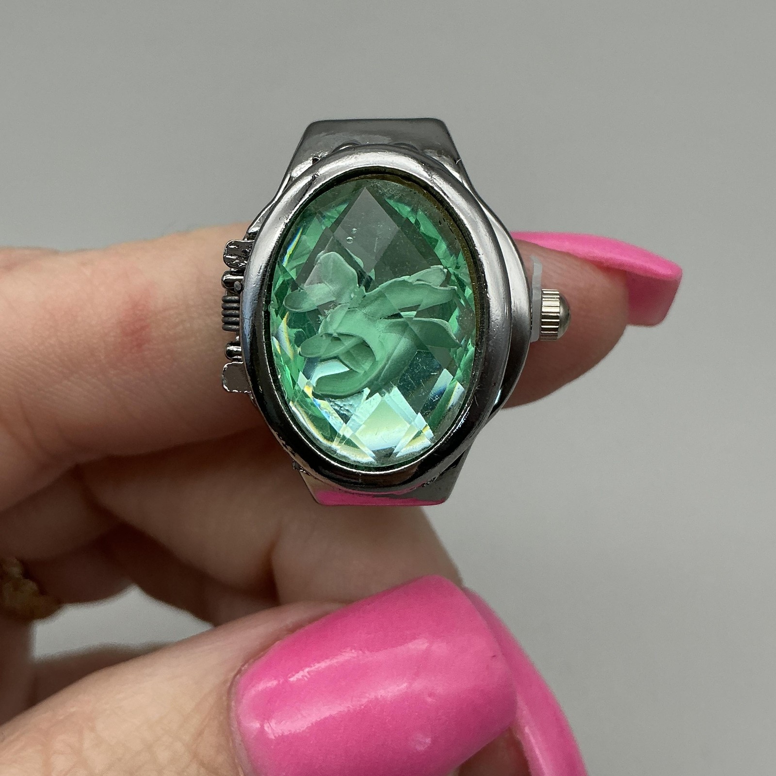 Bozhi Ring Watch Womens 20mm Hidden Dial Green Crystal Floral New Battery