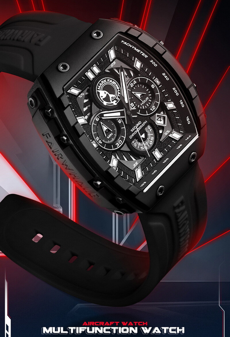 MARK FAIRWHALE Tonneau Luminous Multifunction Chronograph Calendar Quartz Watch