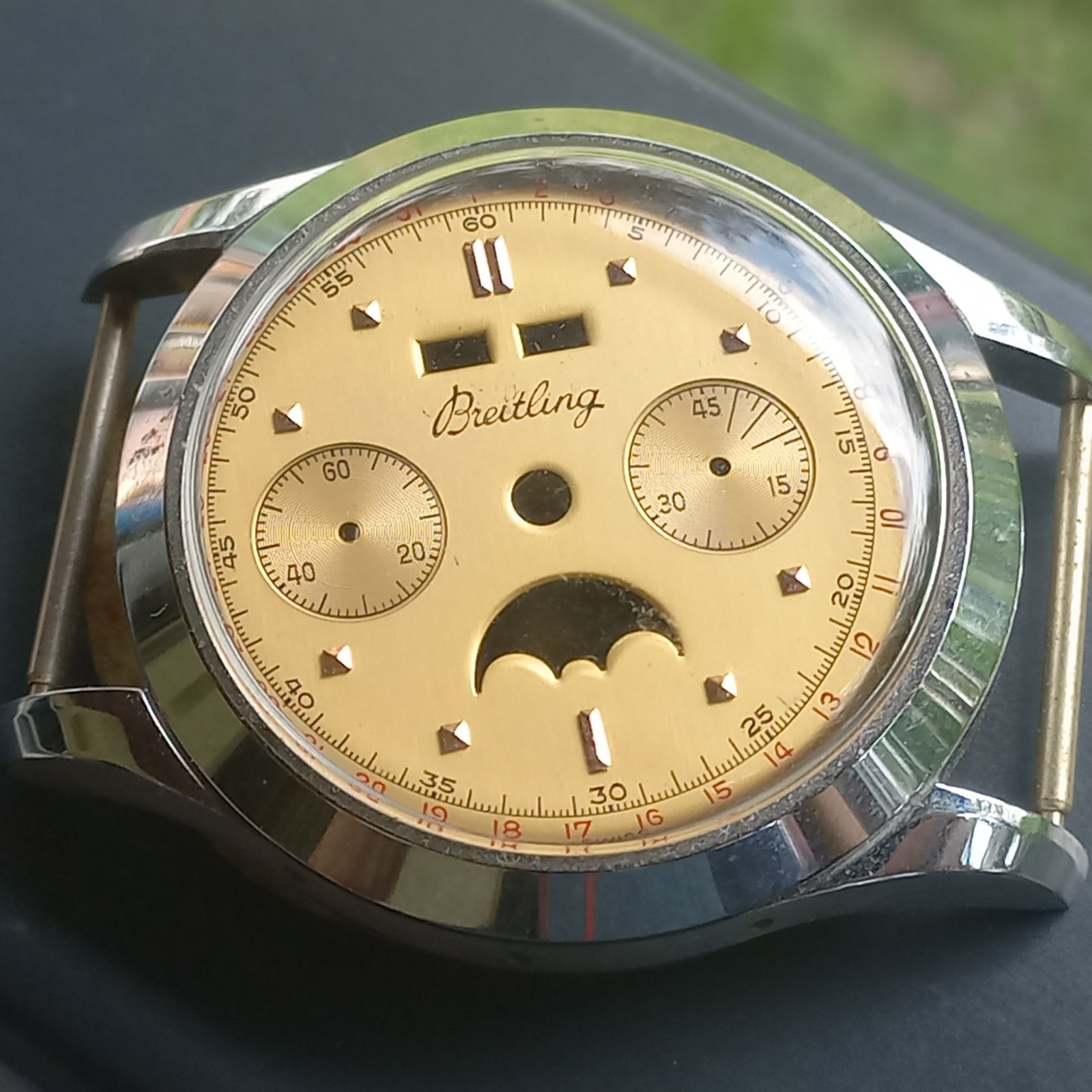 NOS VINTAGE BREITLING TRIPLE DATE MOONPHASE CHRONOGRAPH WATCH CASE DIAL 1950..