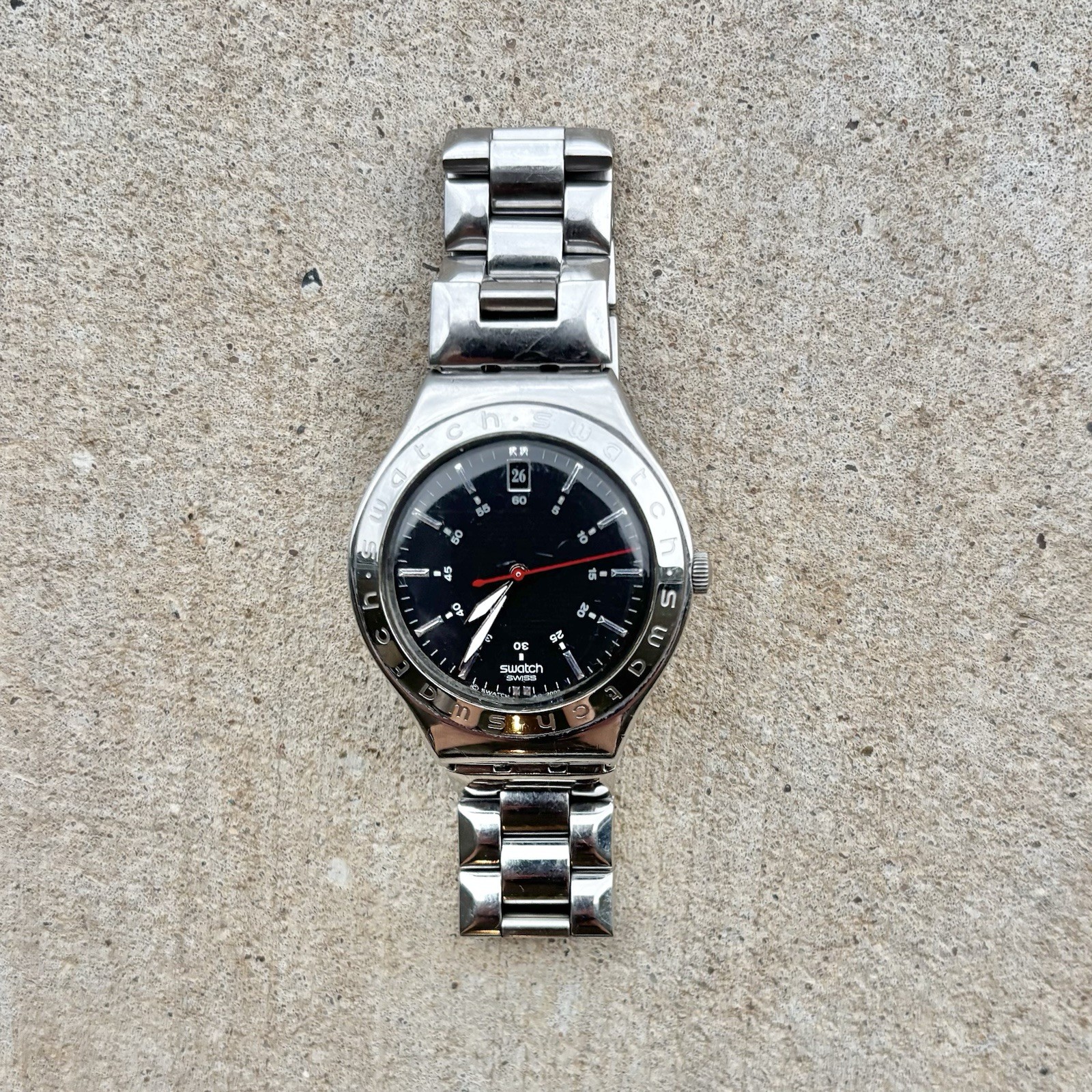 Swatch Irony Twirl YGS428G Mens Date 37mm Works New Battery Black Dial Stainless