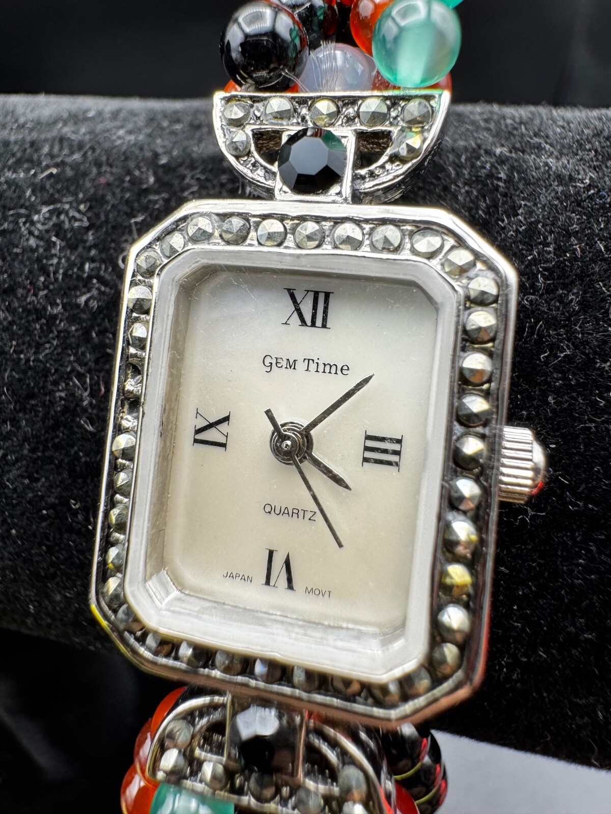 Geneva Watch with Green/Black/Red Bead Band 8 inches