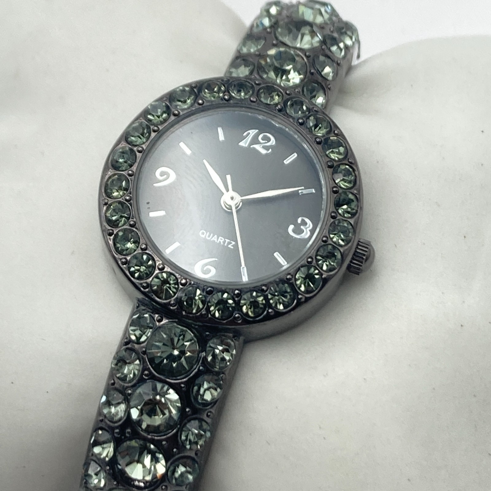Modern Women’s Watch Black Metallic Cuff 24mm Crystals Bling New Battery 6.5″