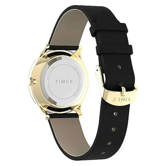 Timex Women’s Starstruck 32mm Watch Gold-Tone Case Indiglo Black Leather Band
