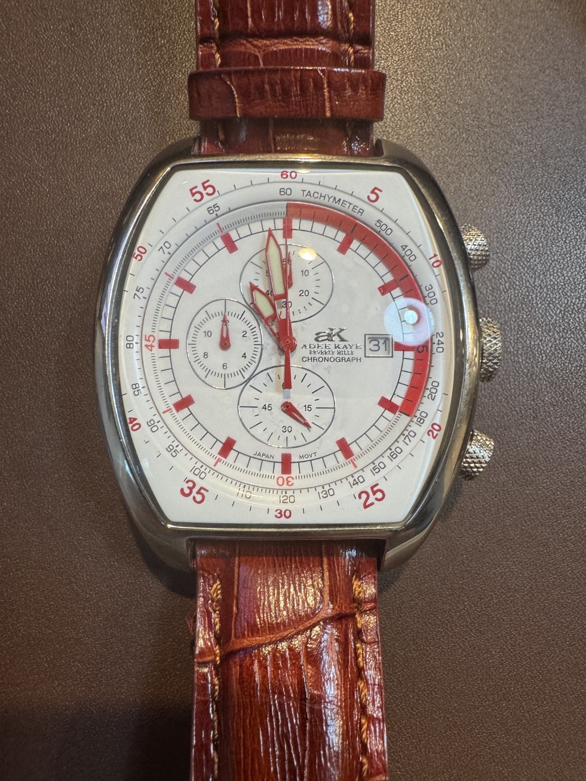 Adee Kaye Mens Beverly Hills Chronograph Watch White / Red New battery