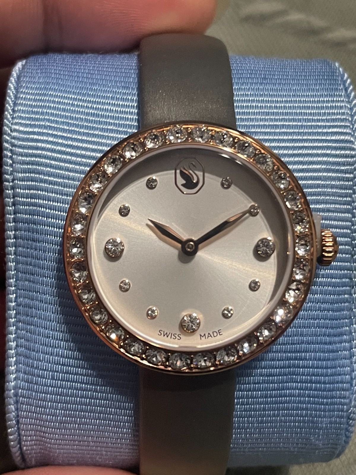 NEW Swarovski Matrix Tennis Watch Gray Leather Rose Gold 5710105 Swiss Made