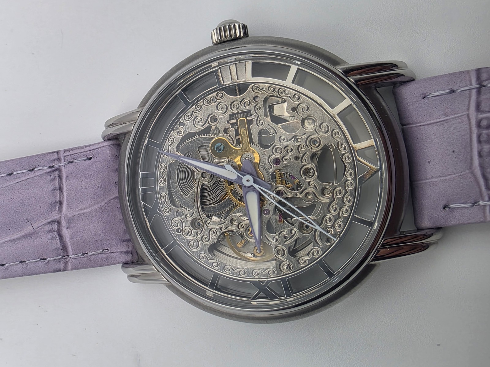 Jeanneret Automatic Skeleton Watch Womens Lavender Leather Strap J-1005-2416
