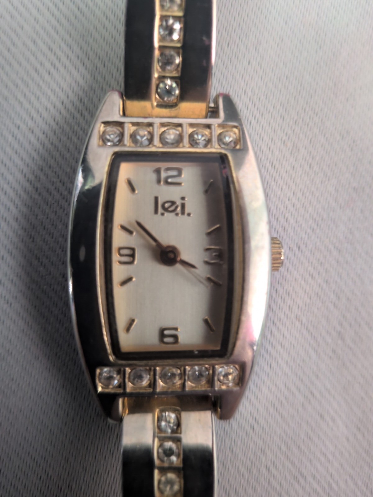 Vintage LEI Women’s Square Gold Silver Watch w/ Rhinestones, Jewelry Clasp