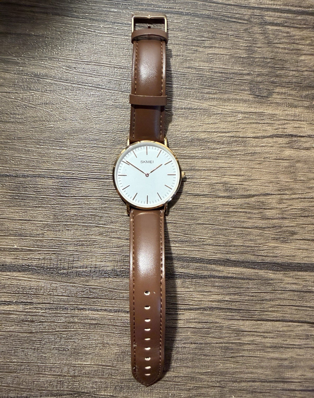 SKMEI 1181 Quartz Analog Watch White Dial Brown Leather Strap Gold Case WR30m