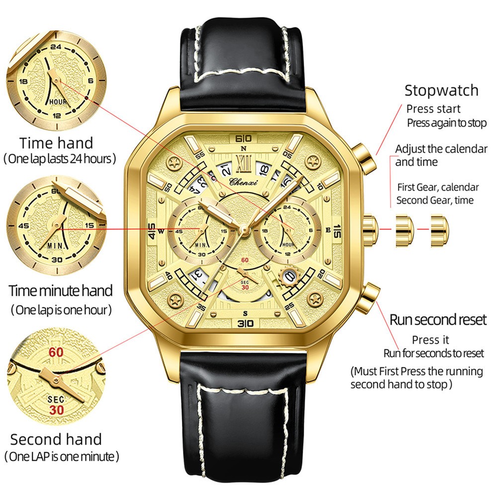 CHENXI Men Square Watch Multifunction Six-hands Luminous Boys Leather Wristwatch