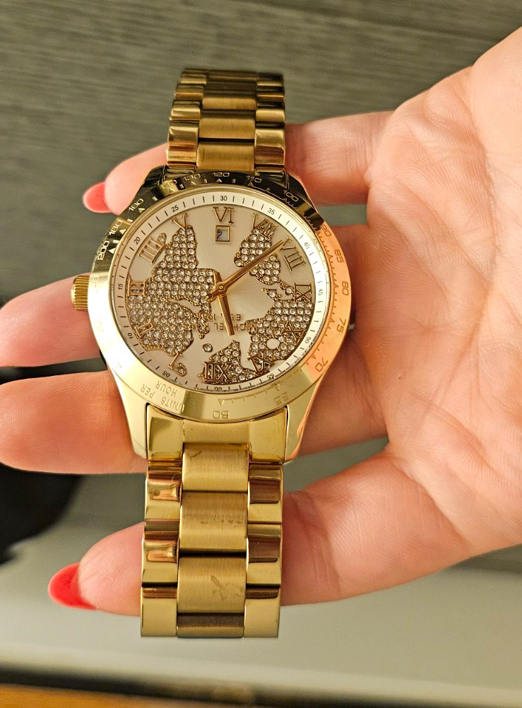Michael Kors Everest Gold Tone World Map Dial Date Quartz Watch 42mm 10 ATM