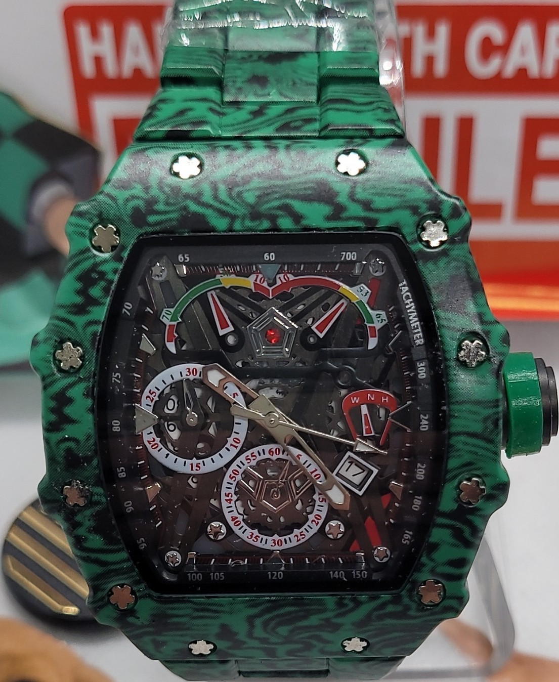 391 AJ Luxury Tonneau Skeleton Dial Quartz Date Green Metal Bracelet Watch w/Box