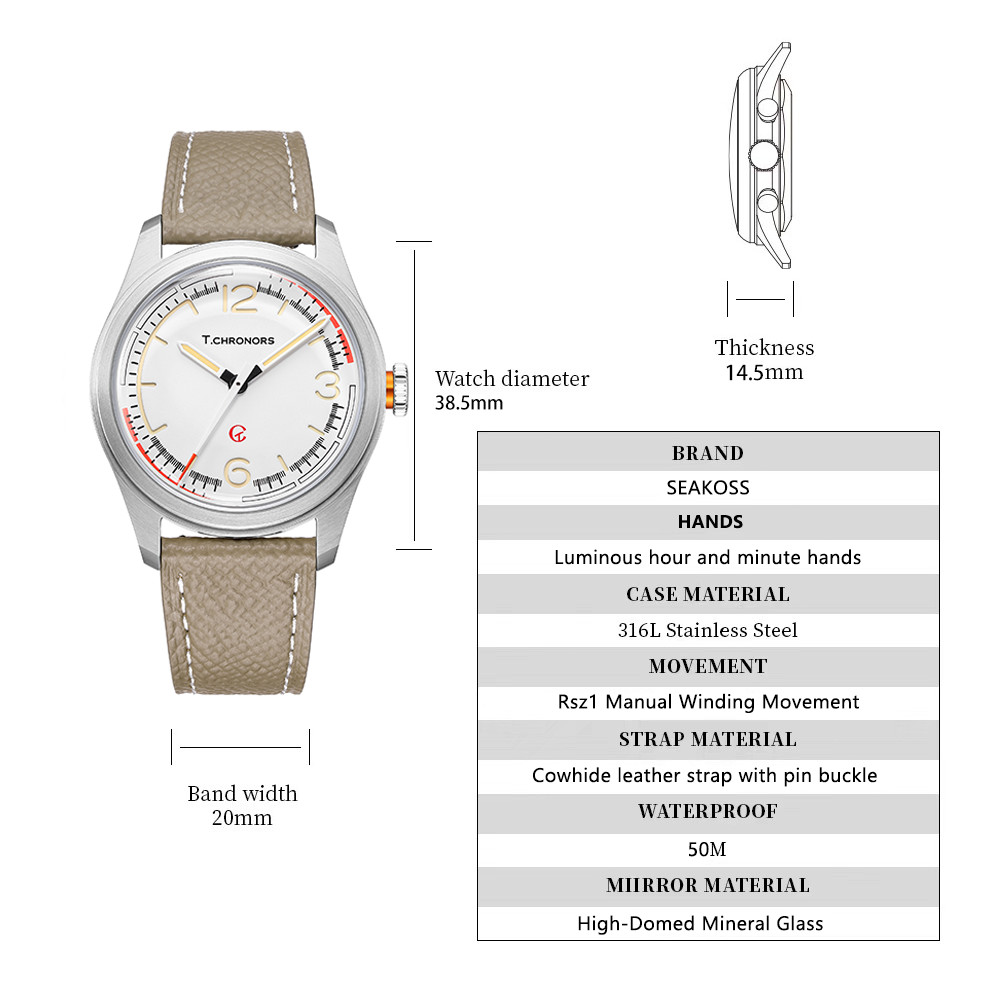 SEAKOSS T.Chronors White Mechanical Watch with Leather Strap and Luminous Hands