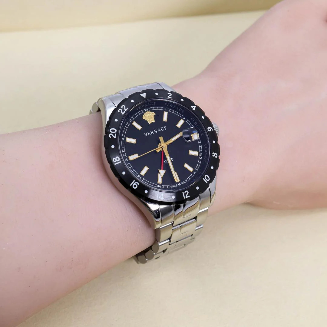 VERSACE Ve11 GMT Date Quartz Stainless Steel 42mm Silver Black Watch