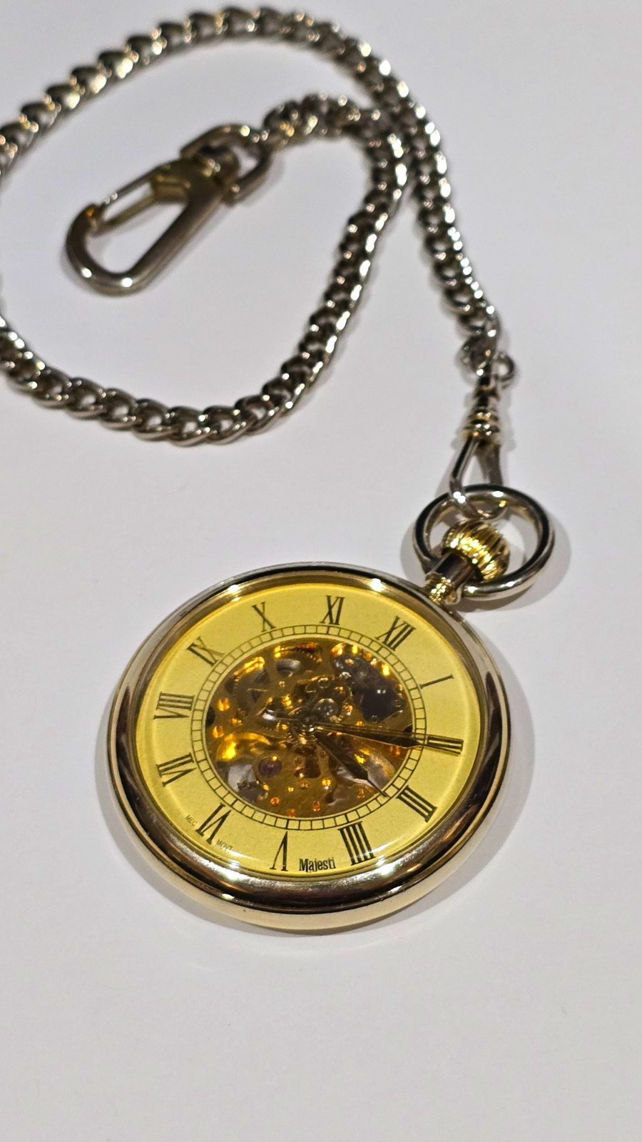 Majesti Open Face Skeleton Pocket Watch Gold Dial Roman Numerals Chain