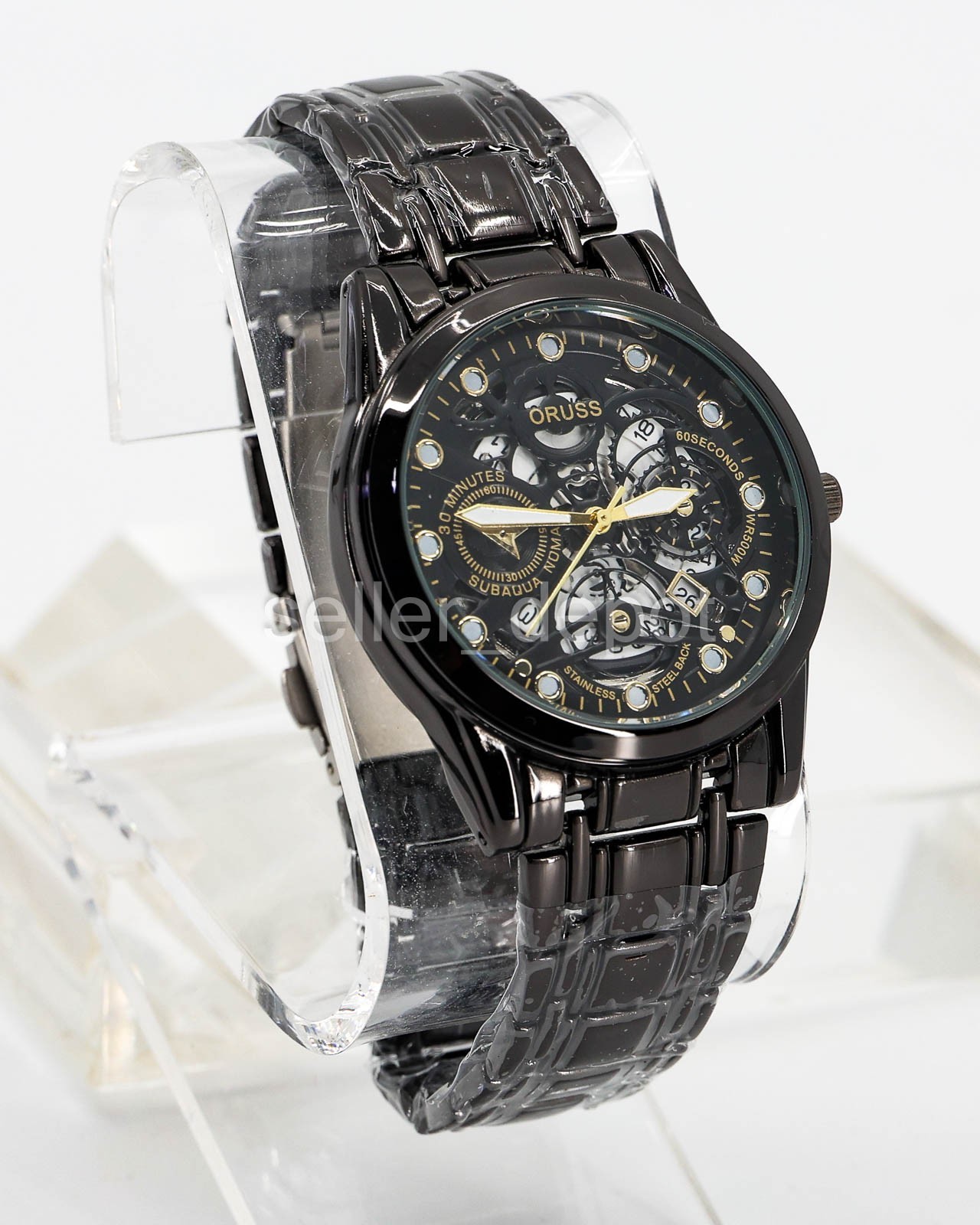 NEW Oruss 1853 TQ21 Black Alloy Round Dial Openwork Quartz Watch w box & tool