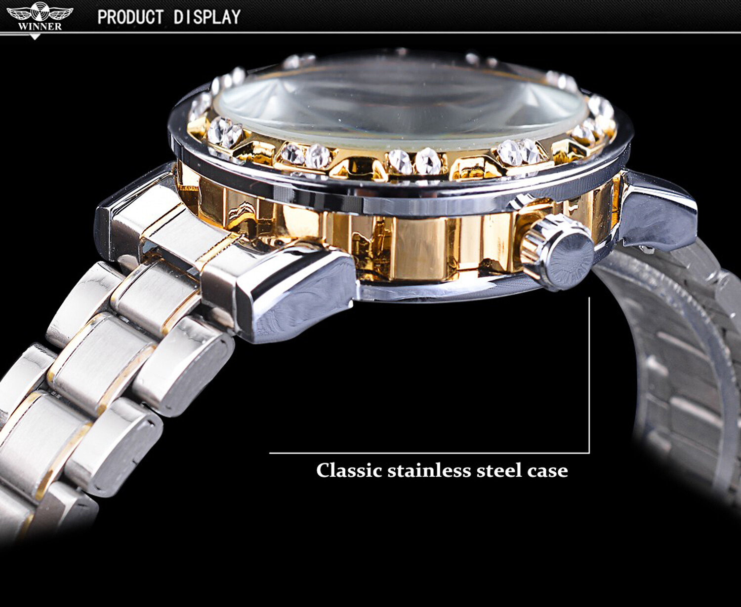 T-Winner Luxury Men’s Stainless Steel Diamond Hollow Mechanical Wrist Watches