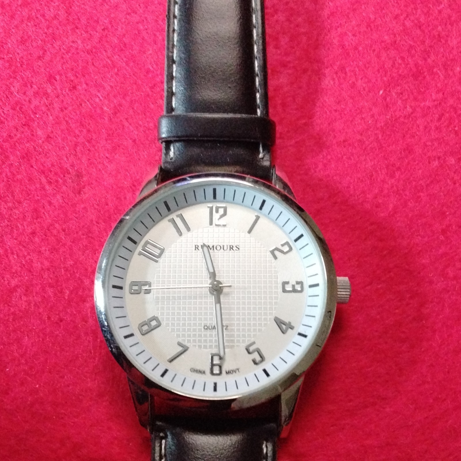 RUMOURS Quartz Analog Watch Silver Dial Arabic Black Leather Strap 46.4mm
