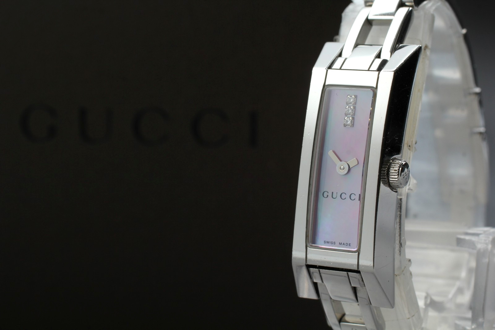 [N MINT /Case] Gucci 110 14mm Pink Shell Dial 3P Dia Silver Quartz Womens Watch
