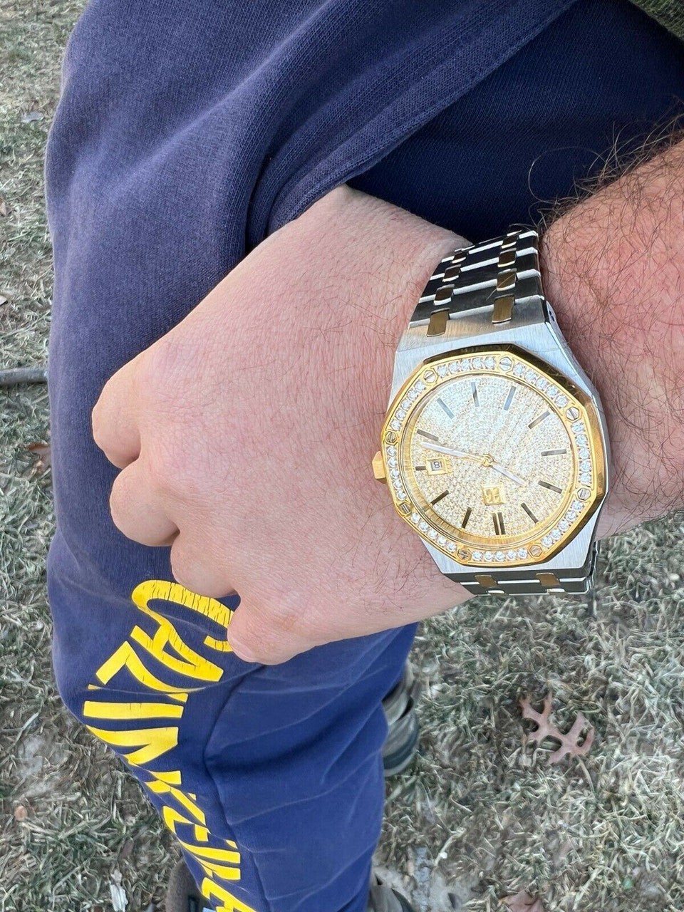 Mens Gold Watch Iced Automatic Skeleton Back Gold 44mm Moissanite Stone Bezel