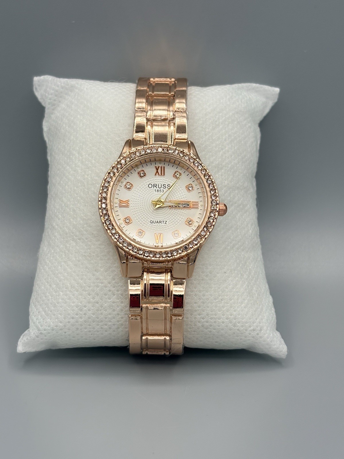 ORUSS 1853 Women’s Rose Gold Crystal Watch Day Date Quartz Bracelet New Box