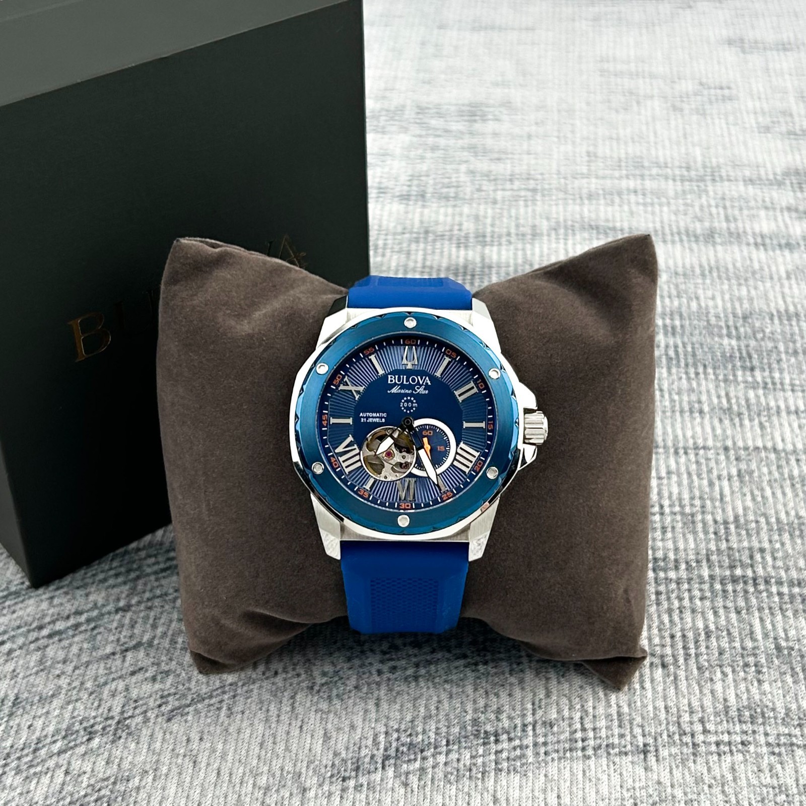 Bulova Marine Star Blue Dial-Blue Rubber Strap Men’s Automatic Watch 98A303