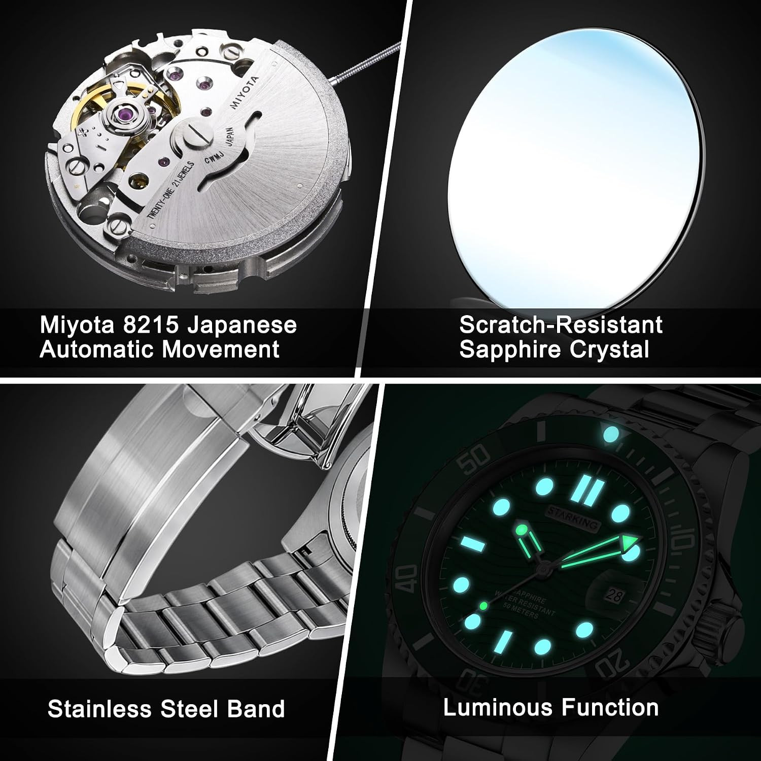Men’s Automatic Watch, Miyota 8215, Sapphire Crystal, 5ATM Waterproof, Stainless