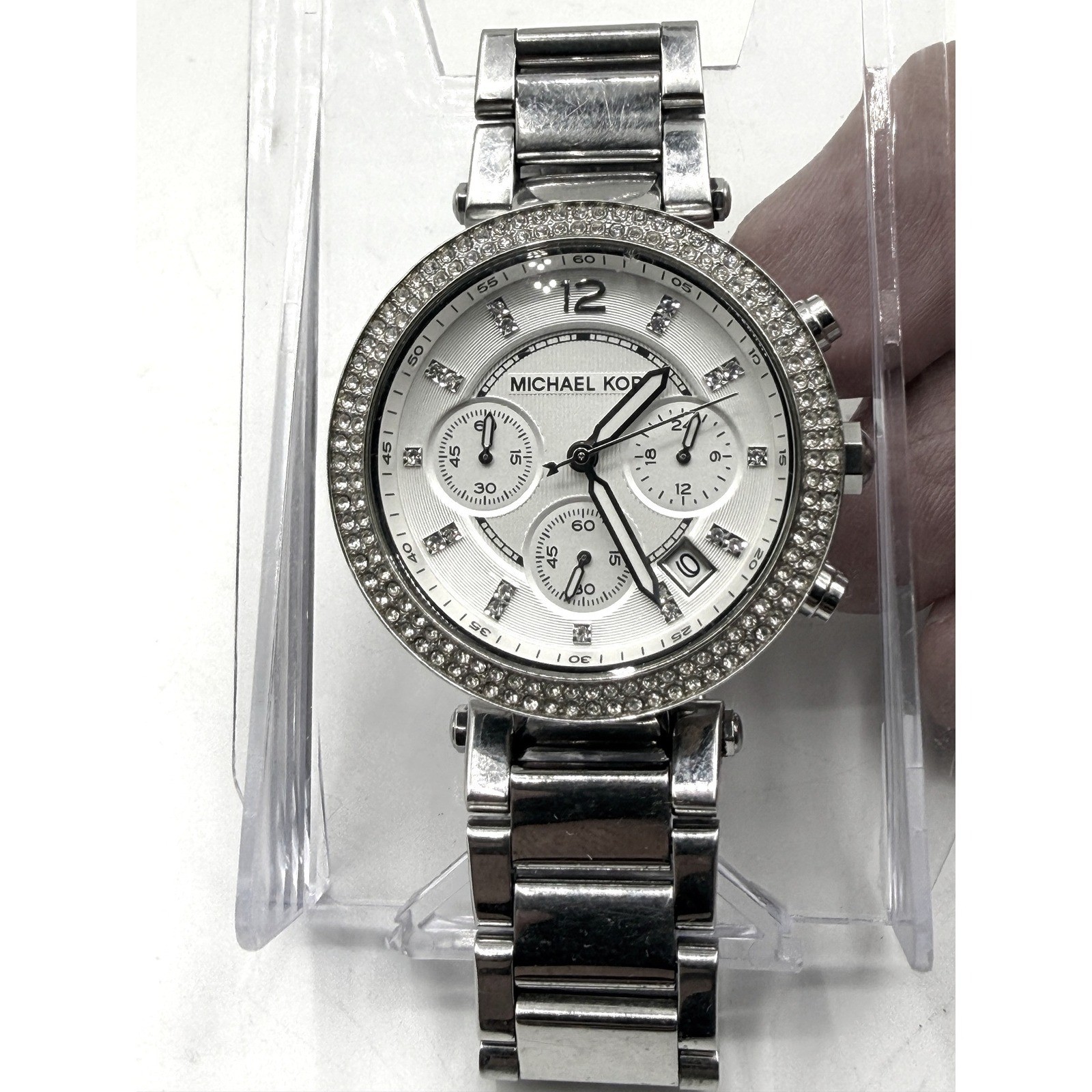 Michael Kors Parker Silver Chronograph Glitz Watch MK-5353 Womens New Battery
