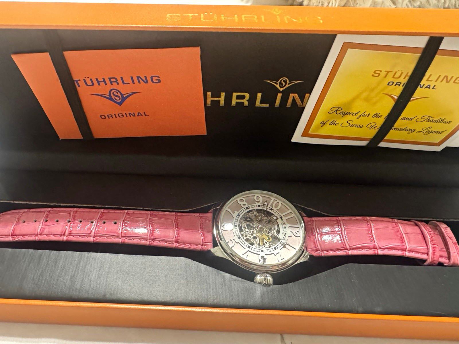 Stührling Original Women’s Automatic Skeleton Watch Pink Leather Strap 50m