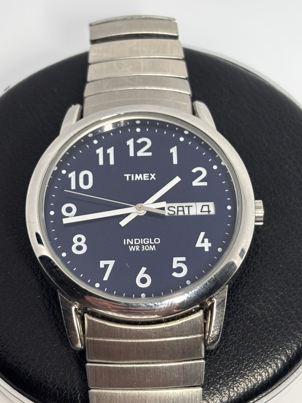 Timex Indiglo Blue Dial Day/Date Indiglo Quartz WR30m 38mm SS Stretch Band