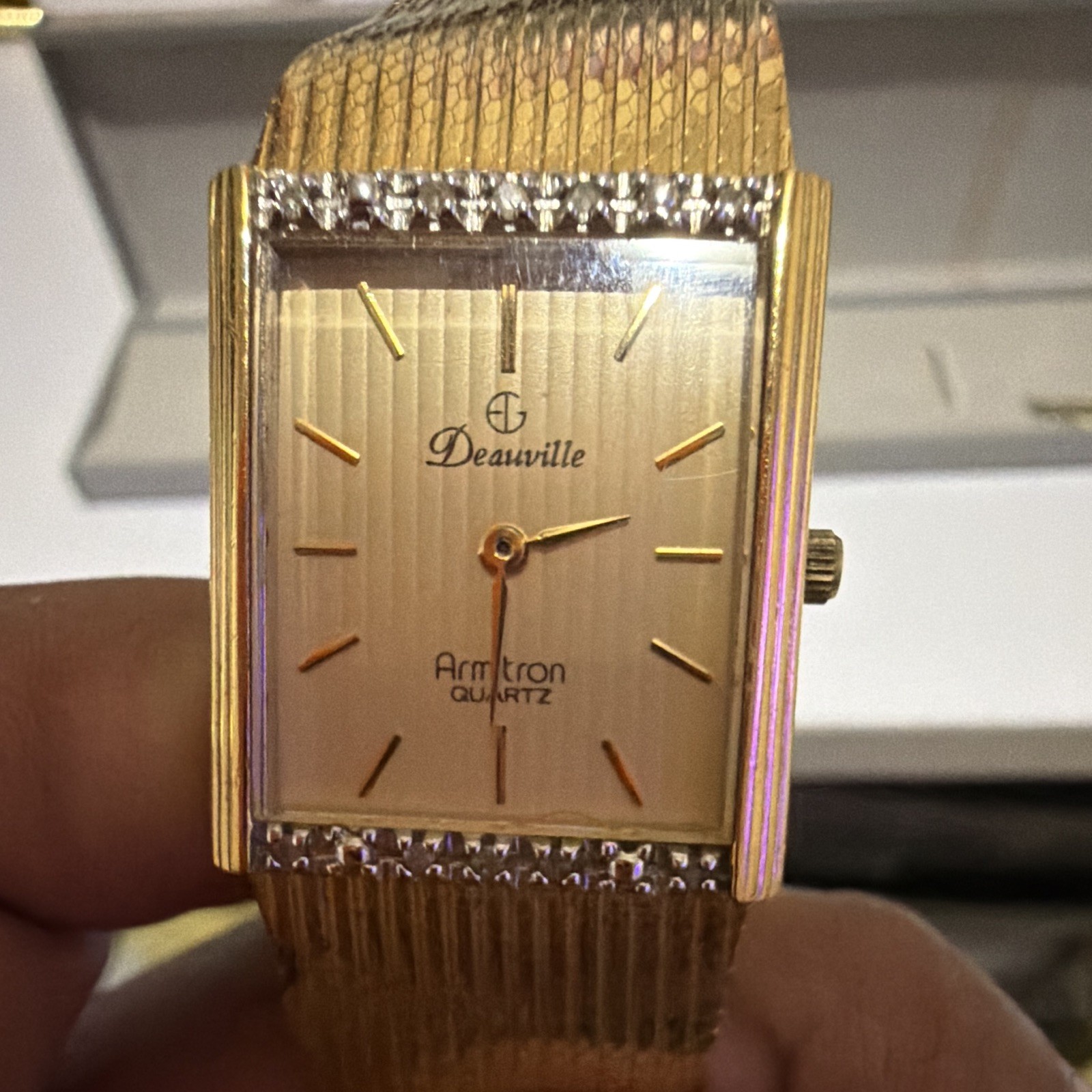Armitron Deauville Women’s Quartz Vintage Dress Gold Rectangle Diamond Box